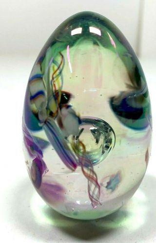 Vintage hand Painted Art Glass Egg Shaped Paperweight Signed 2