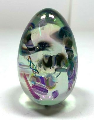 Vintage hand Painted Art Glass Egg Shaped Paperweight Signed 3