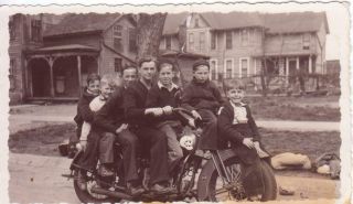 Vintage Photo 7 Boys On 1920s Harley Davidson Motorcycle W/ Skull Logo 428040