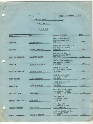 1972 Vintage Sci - Fi Movie Production Staff Listing: " Soylent Green "