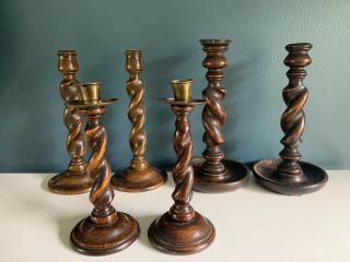 Set Of 6 Antique English Barley Twist Oak Candle Holders | Three Matching Pairs