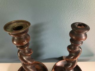 Set of 6 Antique English Barley Twist Oak Candle Holders | Three Matching Pairs 3