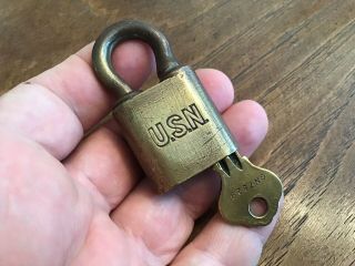 Vintage U.  S.  N Usn Independent Lock Co.  Brass Us Navy Padlock/matching Key