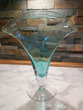 Vintage Blenko Hand Blown Iridescent Blue Art Deco Fan Floral Vase