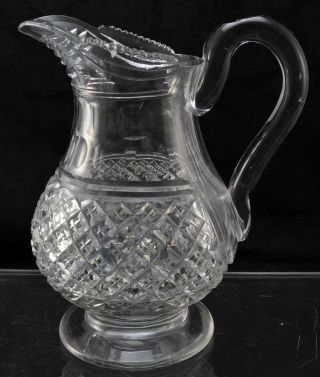 Fine Antique Strawberry Diamond Cut Glass Footed Pitcher Mid 19th Century