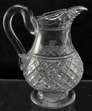 Fine Antique Strawberry Diamond Cut Glass Footed Pitcher Mid 19th Century 2
