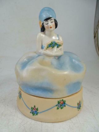 Antique Fulper Porcelain Pottery Powder Covered Jar Vanity Half Doll Lady Vtg