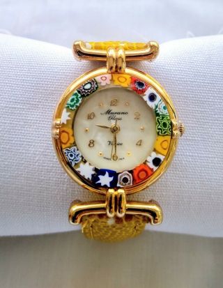 Vintage Murano Glass Italy Watch Yellow Band Vera Pelle Woman 