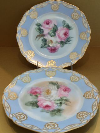 Antique Limoges France Porcelain Set Of 4 Dinner Plates Hand Decorated W/roses