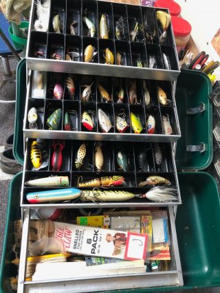 Vintage Umco Tackle - Box Filled W/ Fishing Lures Heddon.  Wood.  Bombers & Misc