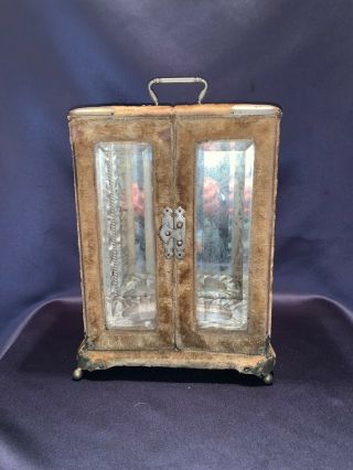 Victorian Velvet Perfume Casket With Beveled Glass,  Mirror Brass Trim Silk Lined