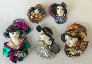 5 Vintage Brooch Lady Head Pins Hand Painted Face