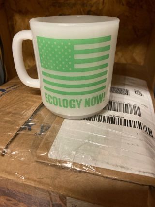 Rare Vintage 70s Milk Glass Ecology Now Earth First Green & White Coffee Tea Mug