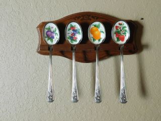 Vintage Avon Fruit Spoons Set Of 4 With Wood Display Rack