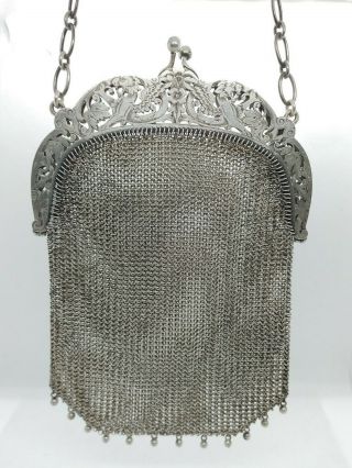 Antique Victorian Sterling Silver Mesh Chainmail Repousse Chatelaine Purse 5.  2oz