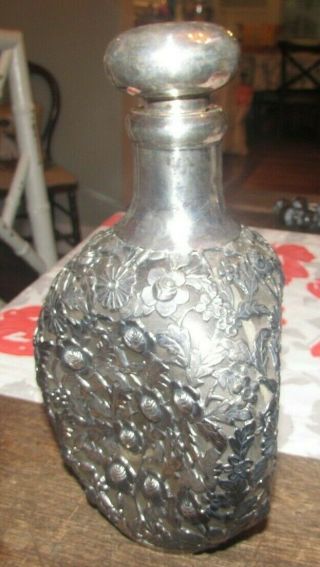 Antique Chinese Export Sterling Silver Yu Chang Overlay Glass Decanter