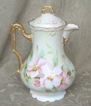 Antique 10 " Ak France Limoges Porcelain Coffee Chocolate Pot Gold Roses Floral