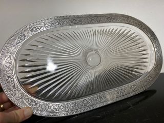 Vtg Sterling Silver Overlay Engraved Fleur De Lis Oval Glass Serving Tray Bowl