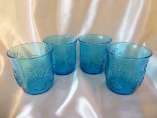 Vintage Anchor Hocking Set Of 4 Laser Blue Daisy " Springsong " Juice Glasses 3 - 1/4