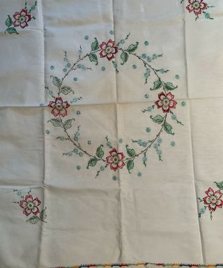 Vintage Embroidered Tablecloth 37”x43” Floral Design Pink Green Teal