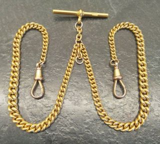 Antique Rolled Gold Graduated Curb Link Double Albert Pocket Watch Chain By T,  H.