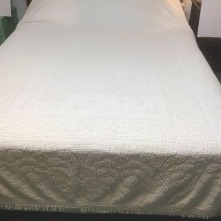 Vintage Bates Chenille Twin Bedspread Ivory Off White Made In Usa