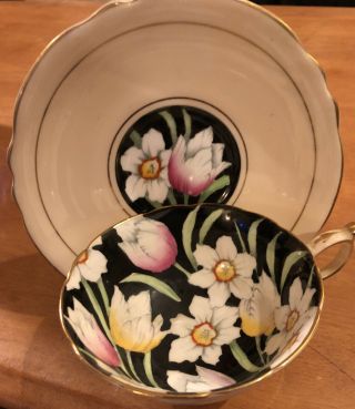 Antique Paragon Appt Hm Queen Mary England Tea Cup & Saucer Daffodils Black ‘40s