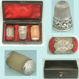 Antique Cased Sterling Silver Sewing Set W/ Thimble,  Emery & Waxer Circa 1840