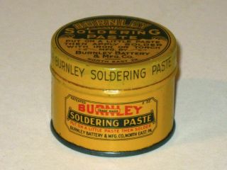 Vintage 1940s Burnley Soldering Paste Advertising Tin Rare 2 Oz.  Solder Can