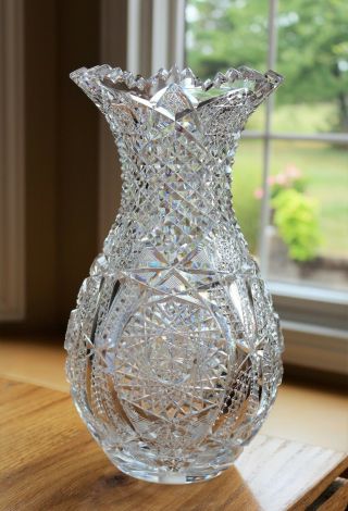 Antique American Brilliant Cut Glass Crystal Abp Large Vase 12 "