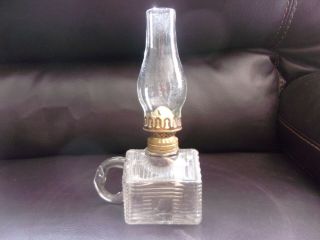 Antique Atterbury Clear Glass Log Cabin Miniature Oil Lamp,  S1 - 50,  Applied Handle
