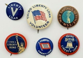 Set Of Six Different Vintage World War I Liberty Bond And Saving Service Buttons