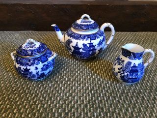 Antique Royal Worcester Blue Willow 5 Piece Coffee / Tea Set