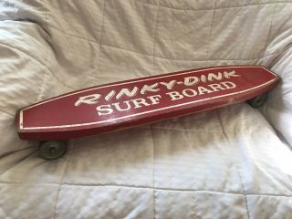 Vtg 1960s Rinky Dink Surf Board Wood Skateboard Wooden Surfer Steel Wheels