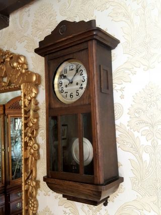 Antique Oak Cased Gustav Becker Wall Clock.  1/2 Hour Ting Tang Strike On 4 Gongs