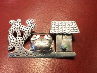 Vintage Mexican Scenes Sterling Silver 925 Pin With Turquoise 2” X 1 1/4”