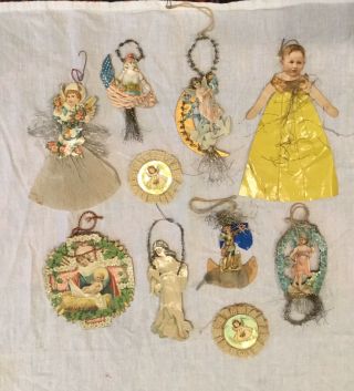 10 Antique German Christmas Scrap,  Tinsel Ornaments: Angel,  Child,  Lady