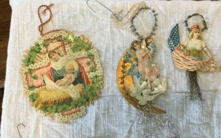 10 Antique German Christmas Scrap,  Tinsel Ornaments: Angel,  Child,  Lady 2
