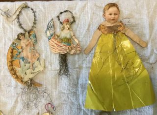 10 Antique German Christmas Scrap,  Tinsel Ornaments: Angel,  Child,  Lady 3