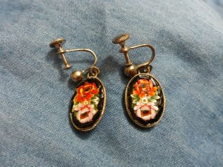 Vintage Micro Mosaic Rose Design Screw Back Earrings Made In Italy