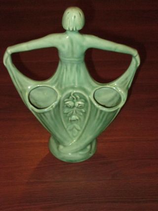 Antique 1920 ' s Weller Hobart Art Nouveau Lady Figural Bud Vase Green Nude 9 1/2 