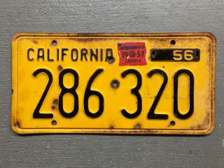Vintage 1956 California License Plate Black/yellow 1957 Sticker Touched Up