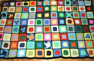 Vintage Crochet Blanket Granny Squares Afghan Black W/ Colorful Squares Handmade