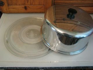 Vintage Glass Footed Cake Saver Plate Metal Chrome Dome Cover Lid 2