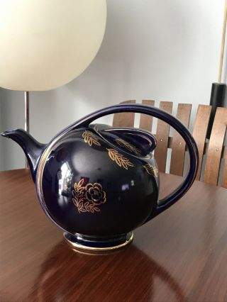 Vintage Hall 0443 6 Cup Teapot Cobalt Blue Gold Flowers And Trim