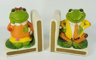 Vintage Lefton Male & Female Green Frog Hand Painted Ceramic Book Ends Set Of 2