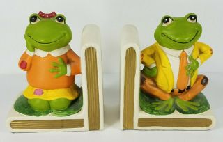 Vintage Lefton male & female green frog hand painted ceramic book ends set of 2 2