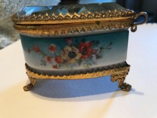 Antique Ormolu Jewelry Casket.  Heart Shaped Ring Box Floral Porcelain Silk Inser