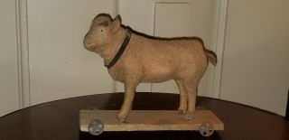 Antique German Putz Fabric Wood Stick Legs Cow Calf Pull Toy Wheels Nativity