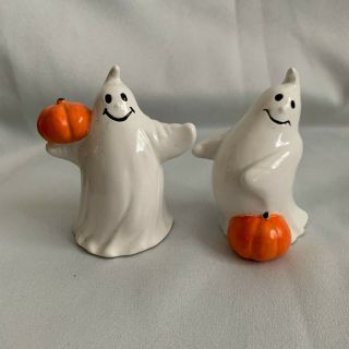 Halloween Salt And Pepper Shaker Set Vintage Enesco Ghost Pumpkins White Orange